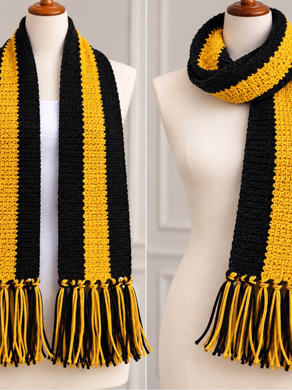 Black & Yellow Striped Crochet Fringe Scarf - Women Accessories